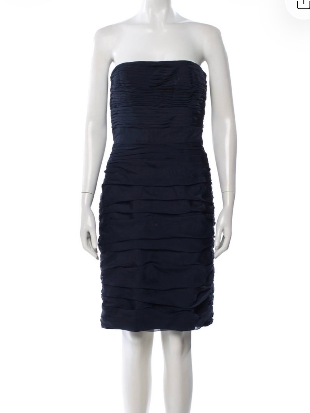 Monique Lhuillier Strapless Navy Ruched Midi Dress